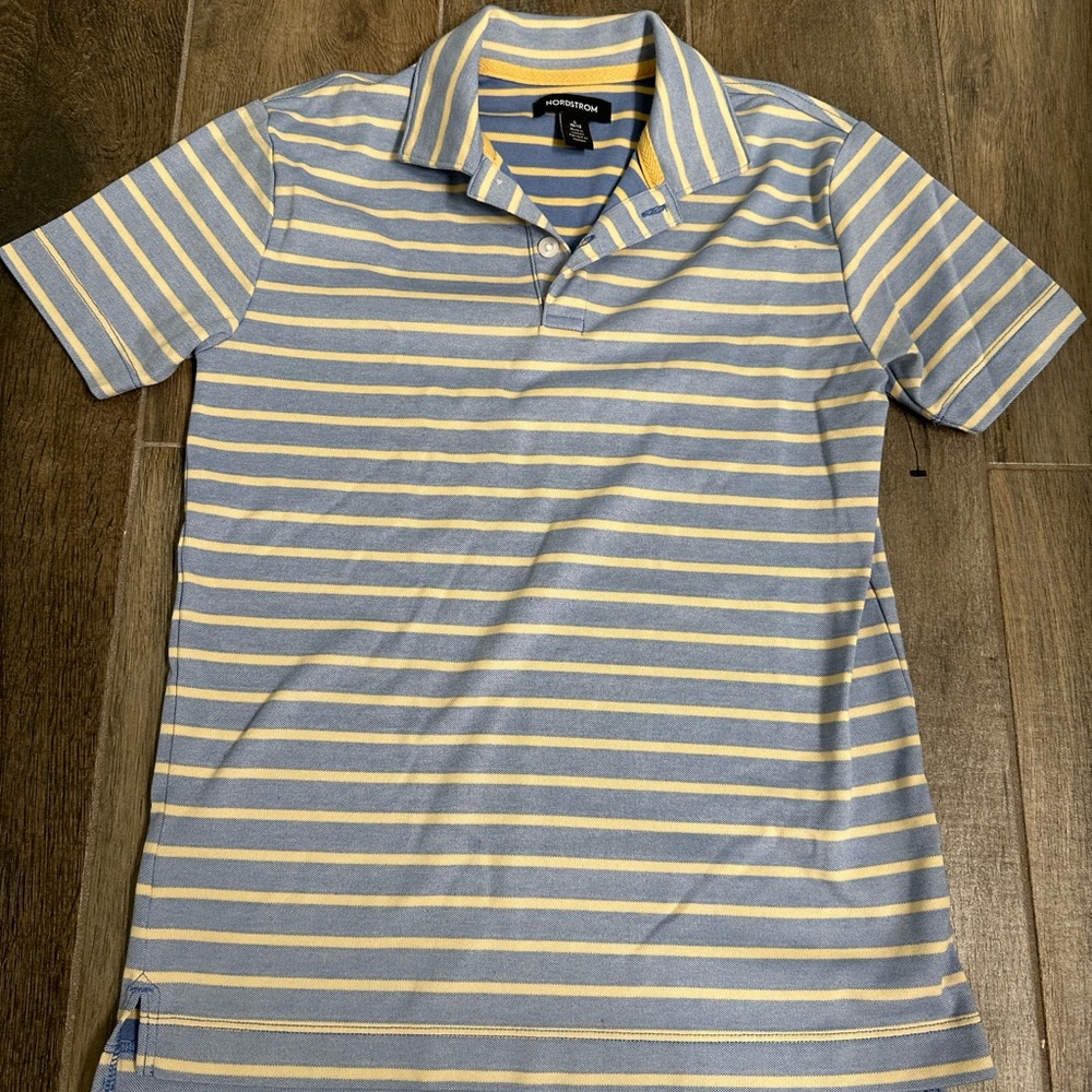 Light blue with light yellow stripes.  Super soft Nordstrom boys Polo T-shirt.